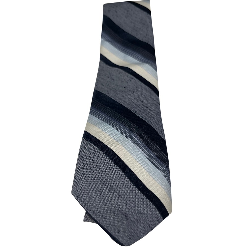 Don Loper Beverly Hills Mens Necktie Navy Blue Grey White Striped Polyester Tie